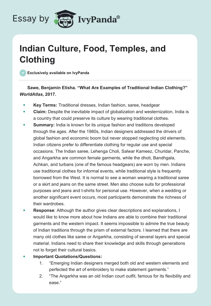 Indian Culture, Food, Temples, and Clothing. Page 1