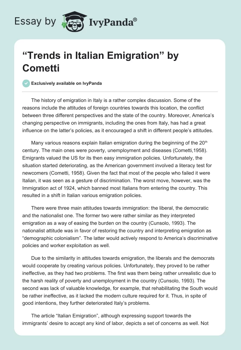 “Trends in Italian Emigration” by Cometti. Page 1