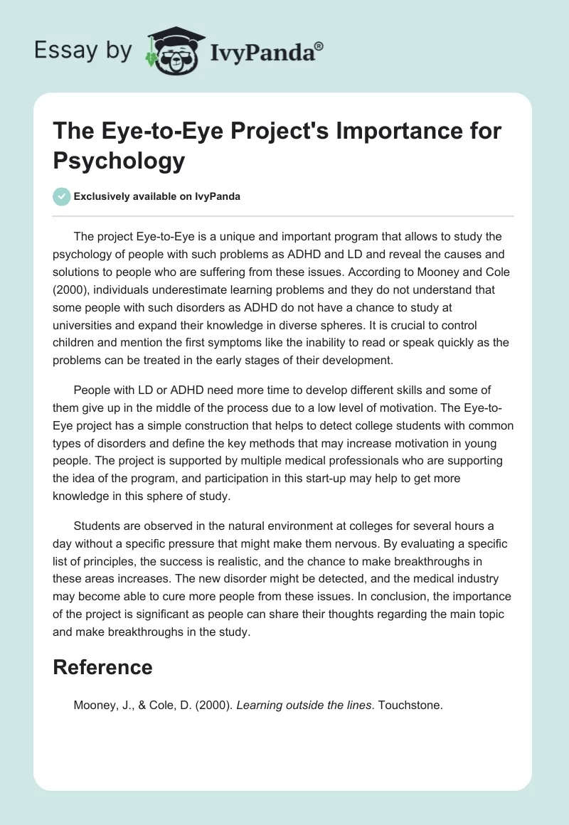 The Eye-to-Eye Project's Importance for Psychology. Page 1