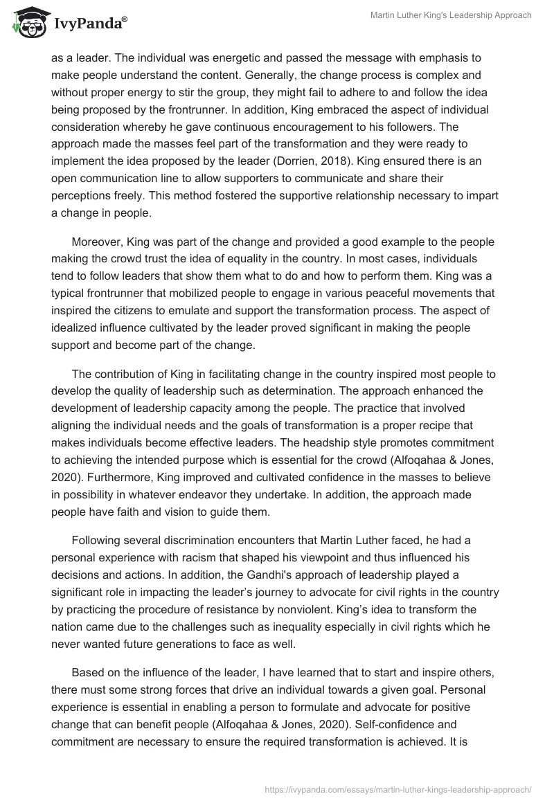 Martin Luther King's Leadership Approach - 898 Words | Essay Example
