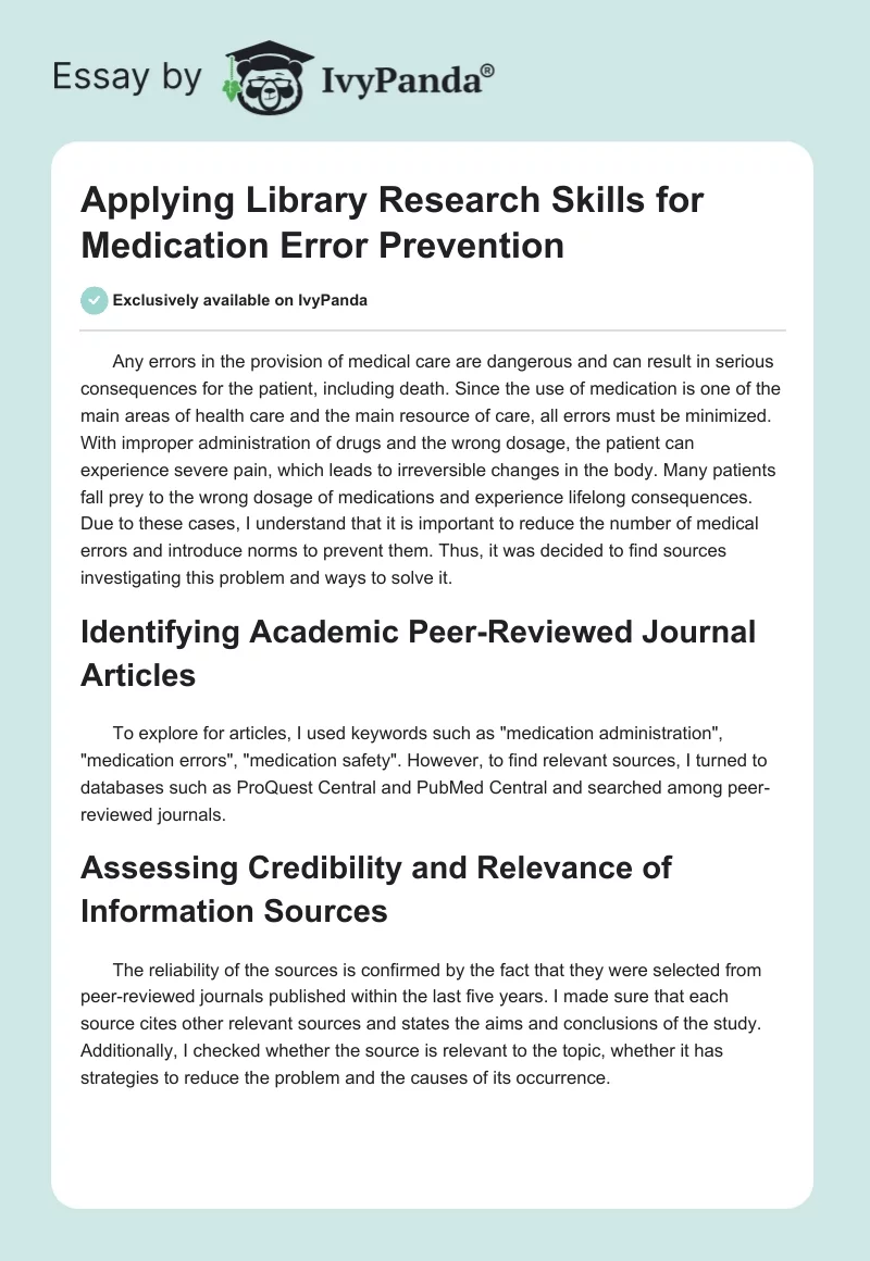 Applying Library Research Skills for Medication Error Prevention. Page 1