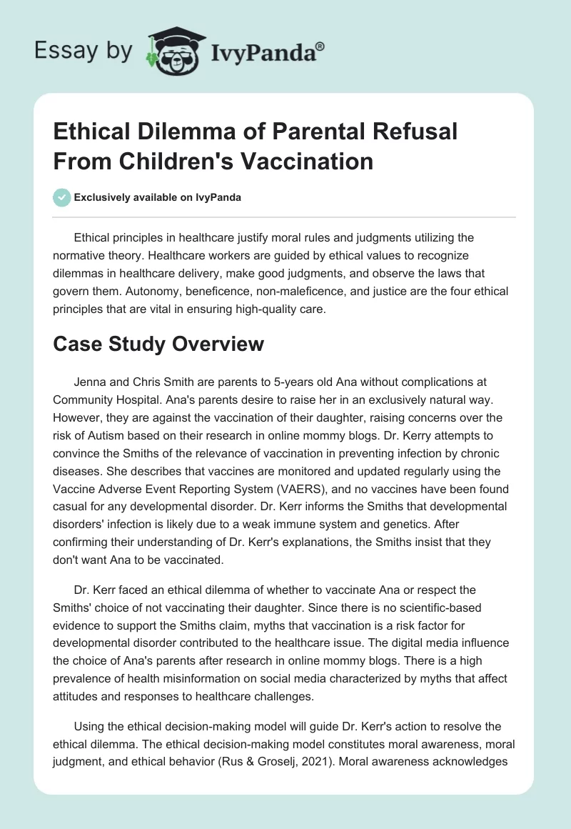 Ethical Dilemma of Parental Refusal From Children's Vaccination. Page 1