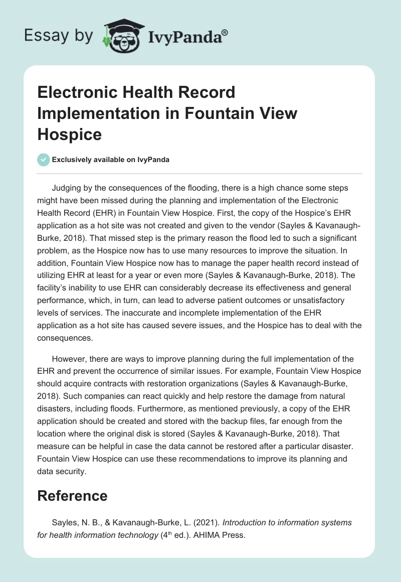 Electronic Health Record Implementation in Fountain View Hospice. Page 1