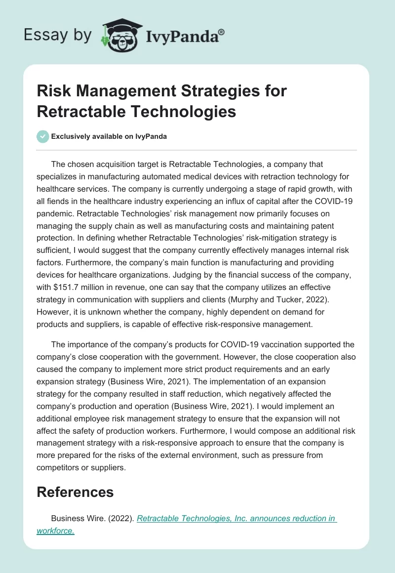 Risk Management Strategies for Retractable Technologies. Page 1