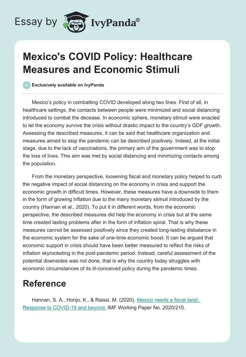 Mexico's COVID Policy: Healthcare Measures and Economic Stimuli. Page 1