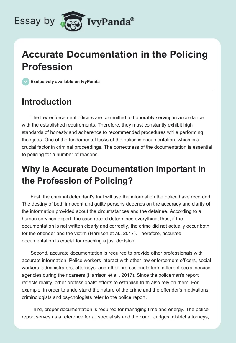 Accurate Documentation in the Policing Profession. Page 1
