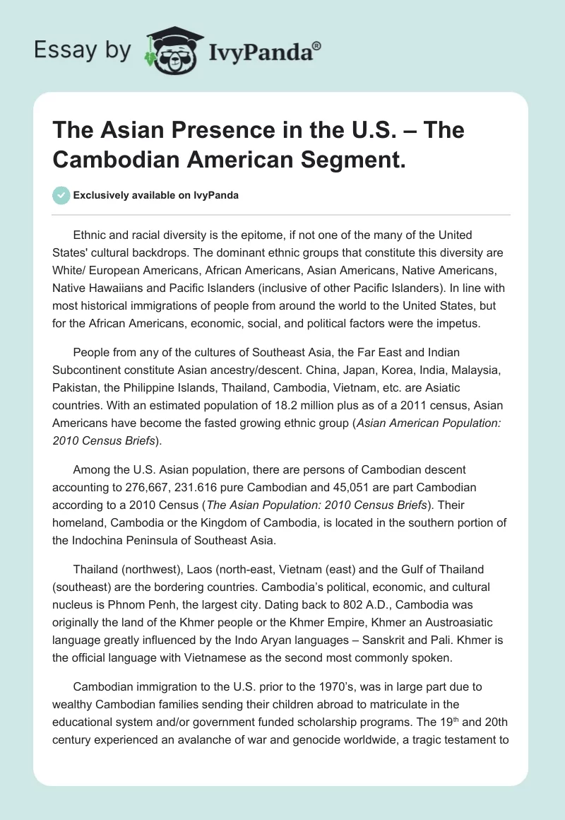 The Asian Presence in the U.S. – The Cambodian American Segment.. Page 1