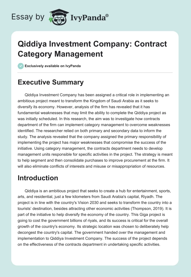 Qiddiya Investment Company: Contract Category Management. Page 1