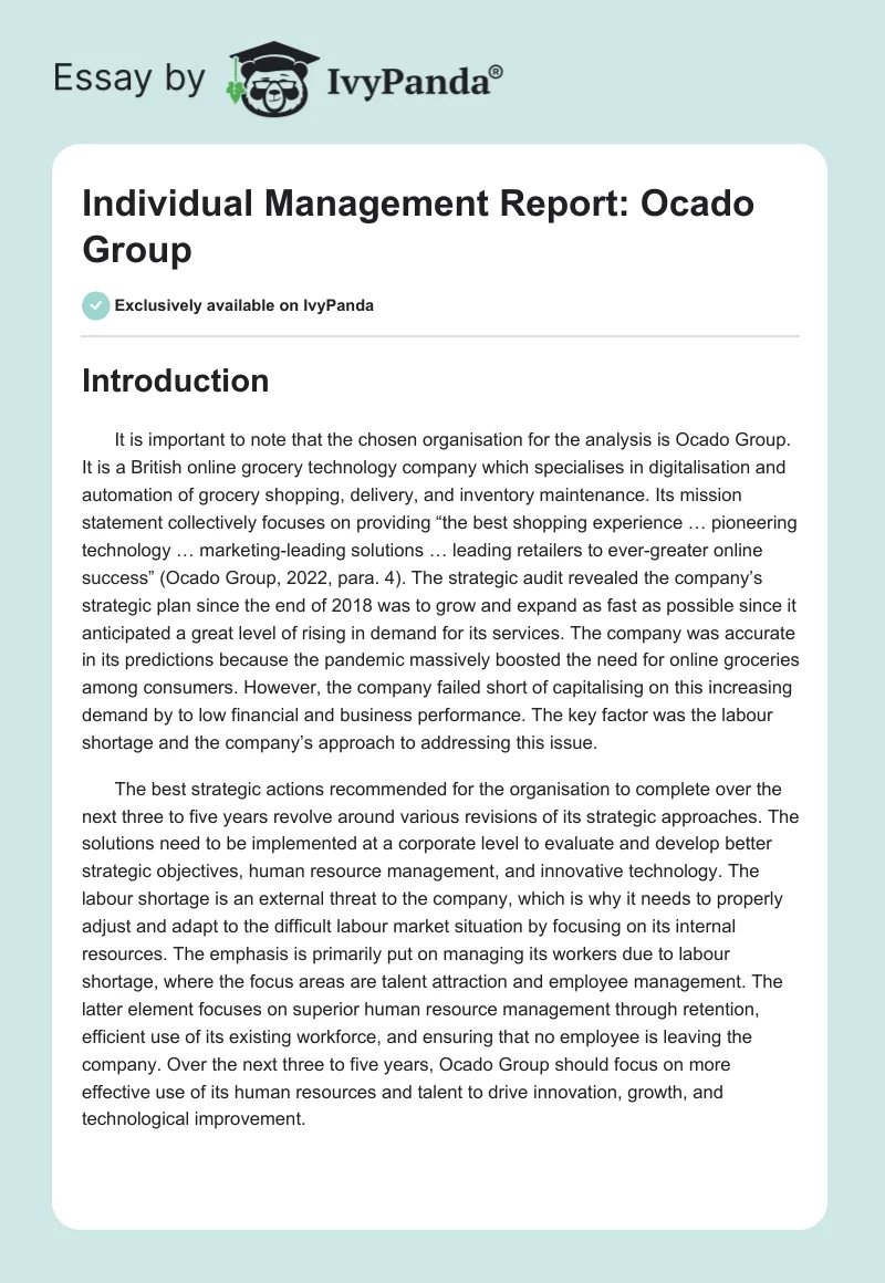 Individual Management Report: Ocado Group. Page 1