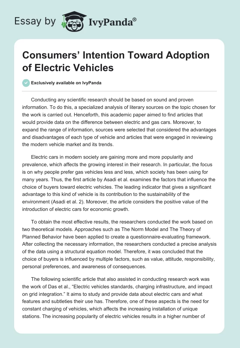 Consumers' Intention Toward Adoption of Electric Vehicles 1041 Words