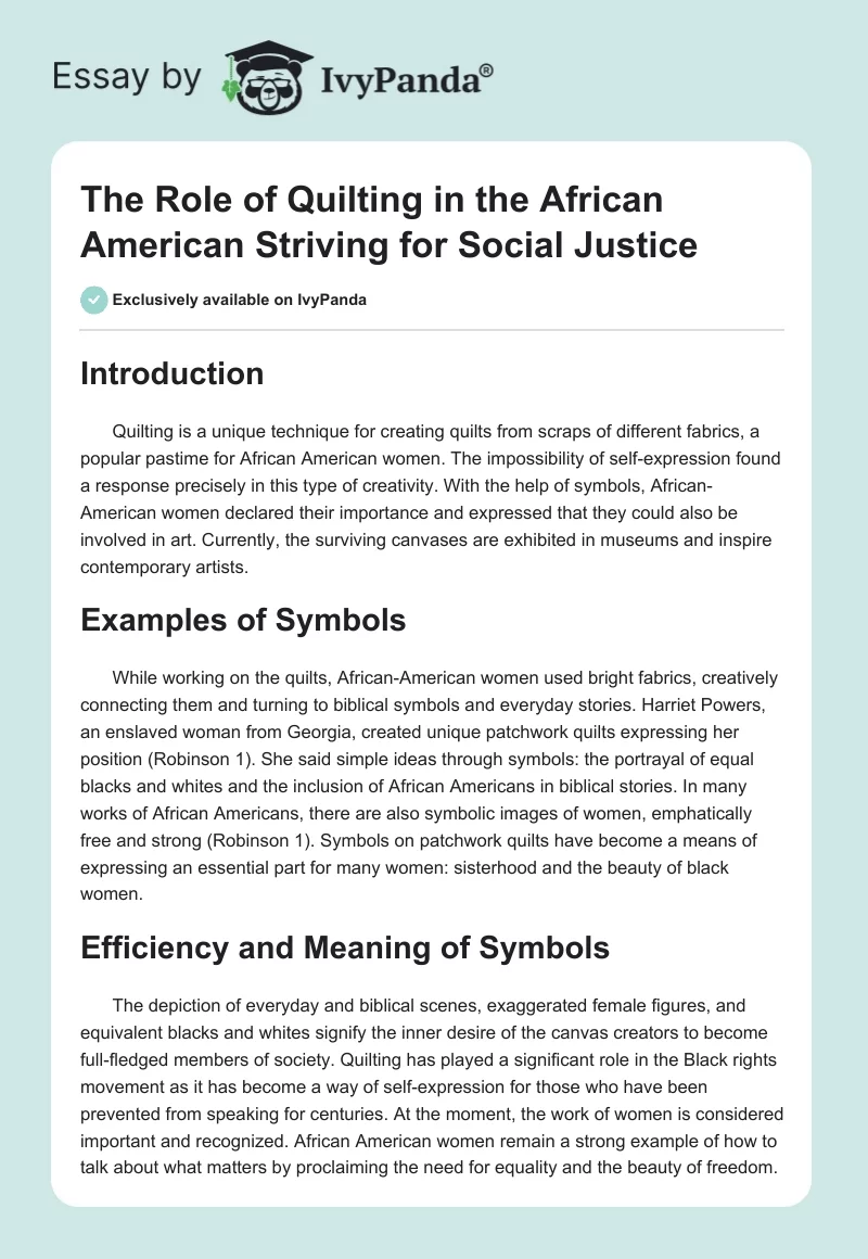 The Role of Quilting in the African American Striving for Social Justice. Page 1