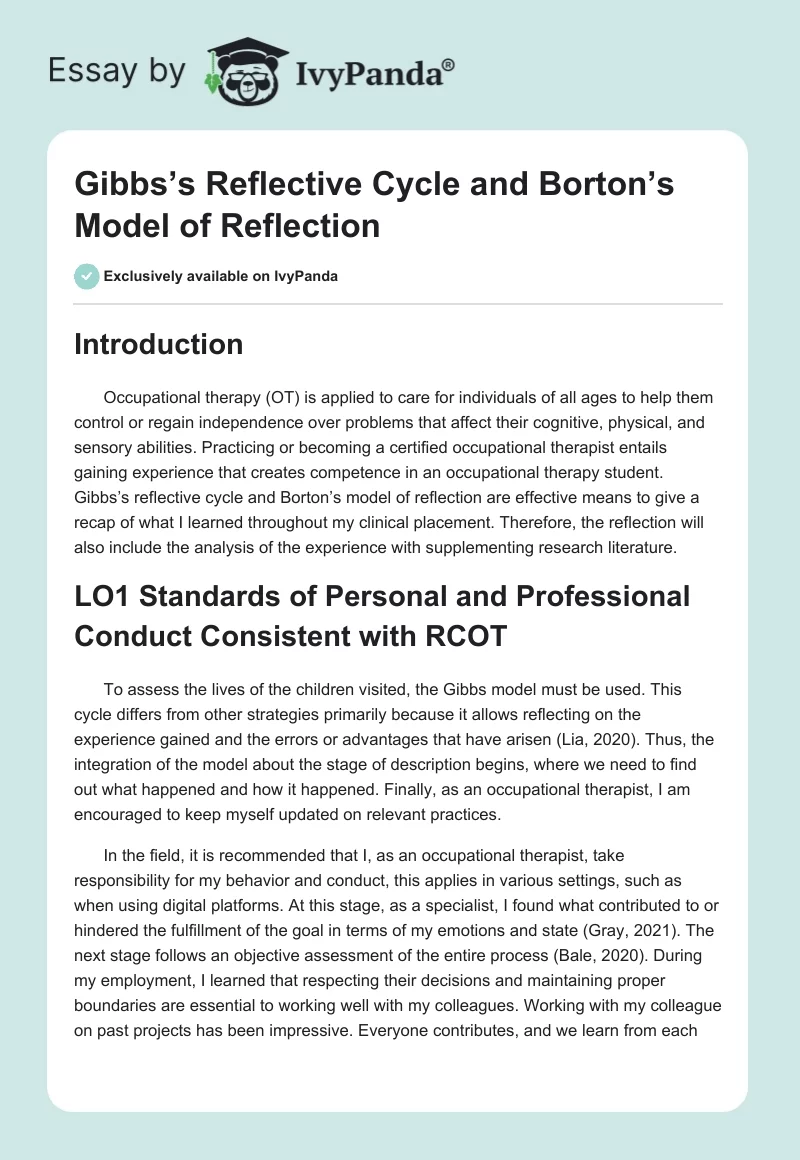Gibbs’s Reflective Cycle and Borton’s Model of Reflection. Page 1