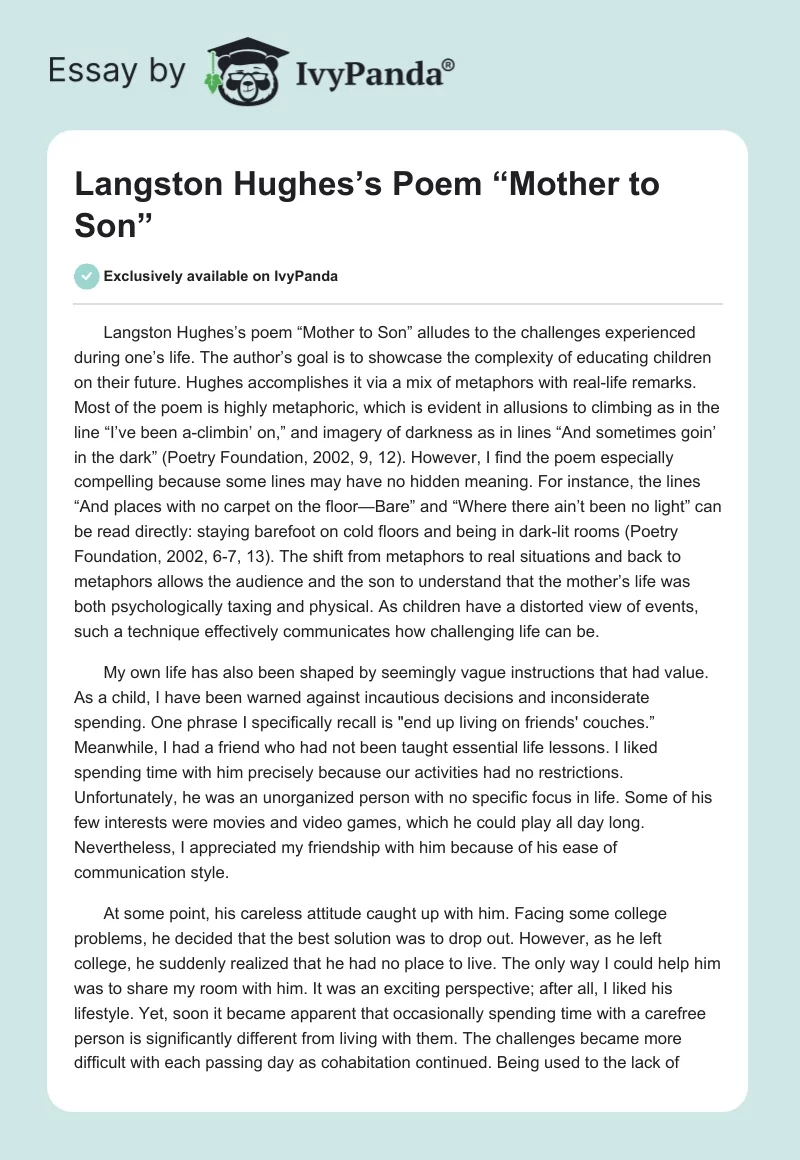 Langston Hughes’s Poem “Mother to Son”. Page 1