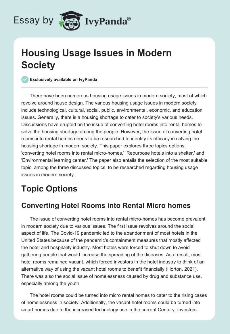 Housing Usage Issues in Modern Society. Page 1