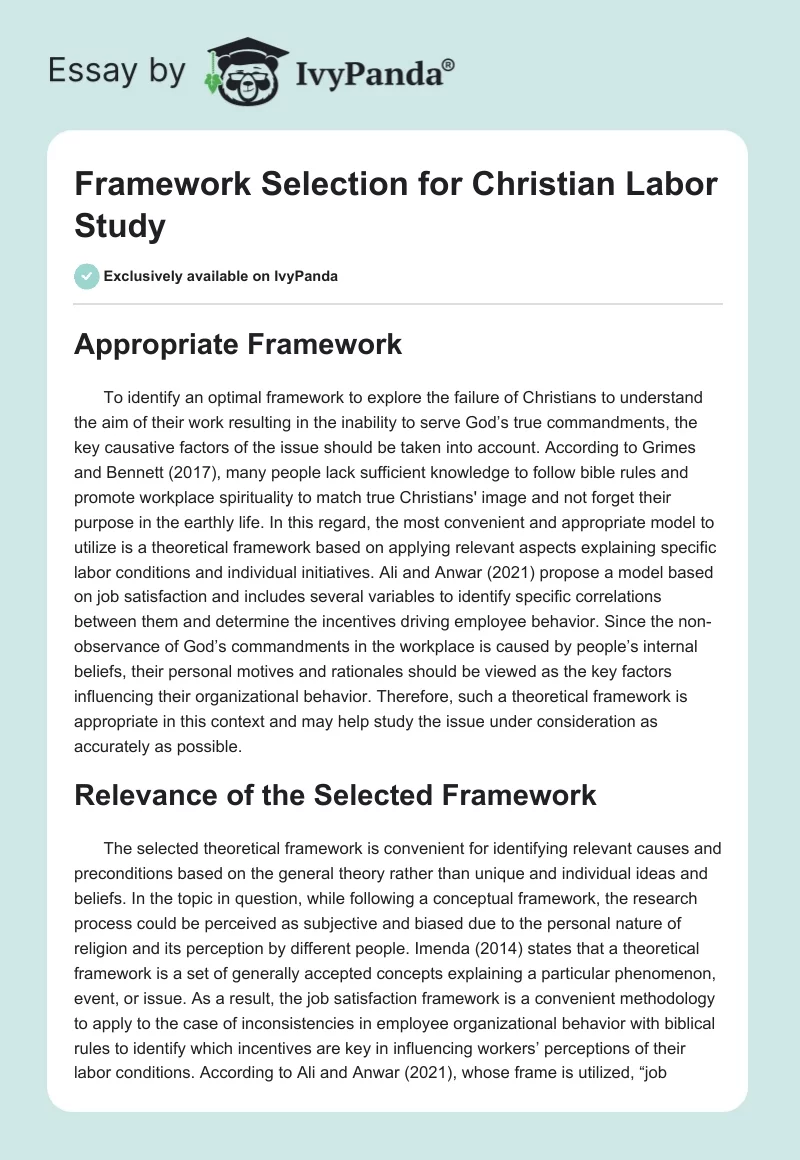 Framework Selection for Christian Labor Study. Page 1