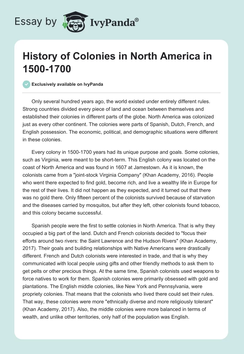 History of Colonies in North America in 1500-1700. Page 1