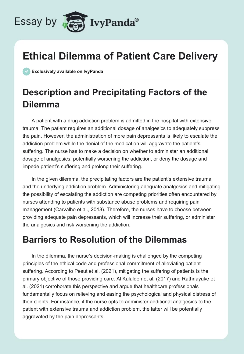 Ethical Dilemma of Patient Care Delivery. Page 1
