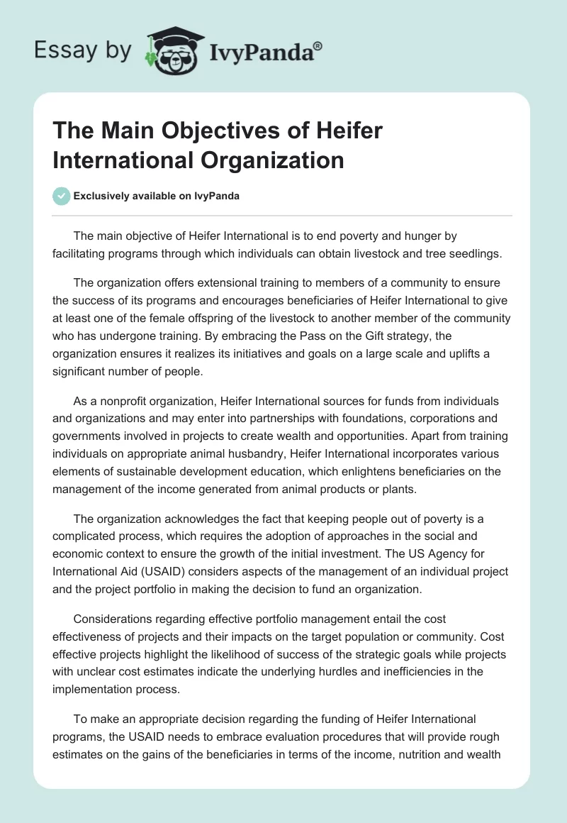 The Main Objectives of Heifer International Organization. Page 1