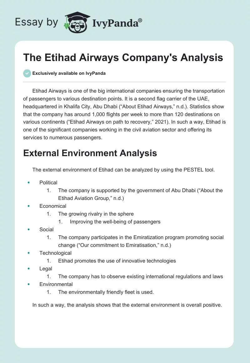 The Etihad Airways Company's Analysis. Page 1