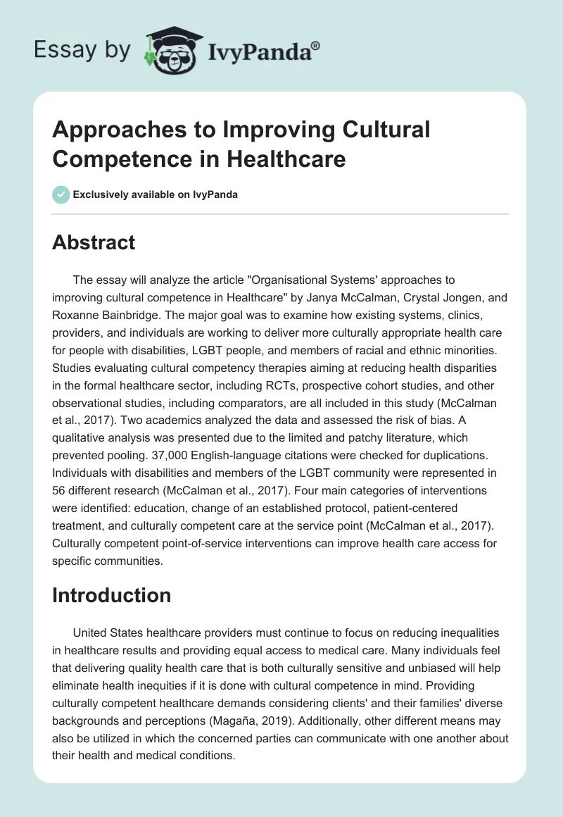Approaches to Improving Cultural Competence in Healthcare. Page 1