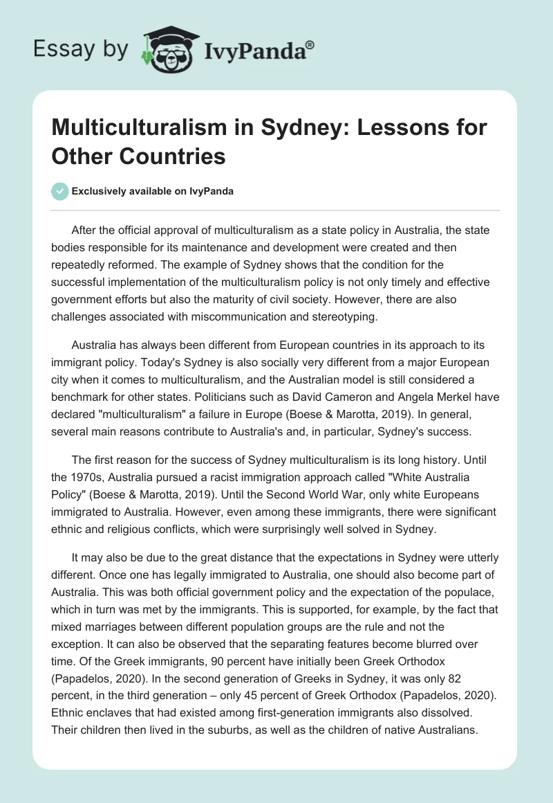 Multiculturalism in Sydney: Lessons for Other Countries. Page 1