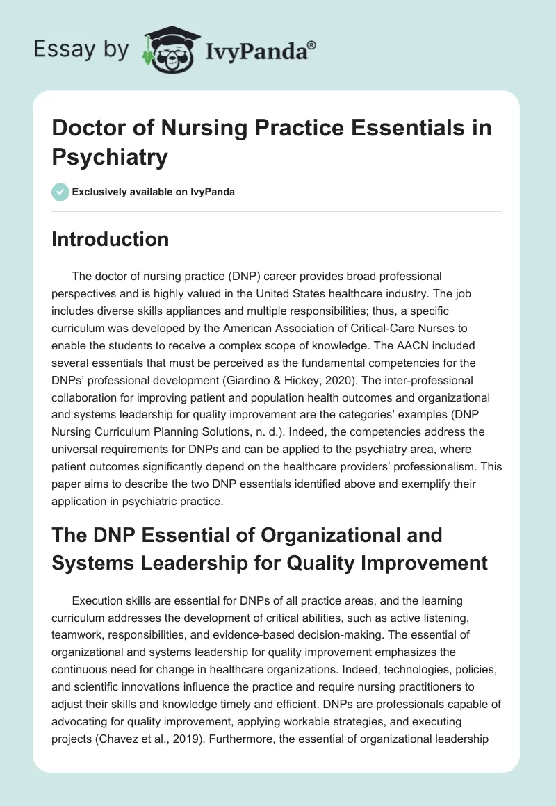 Doctor of Nursing Practice Essentials in Psychiatry. Page 1