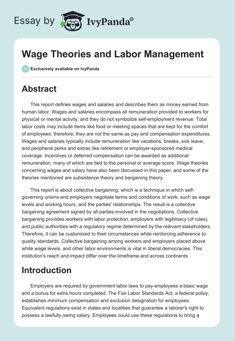 Wage Theories and Labor Management. Page 1