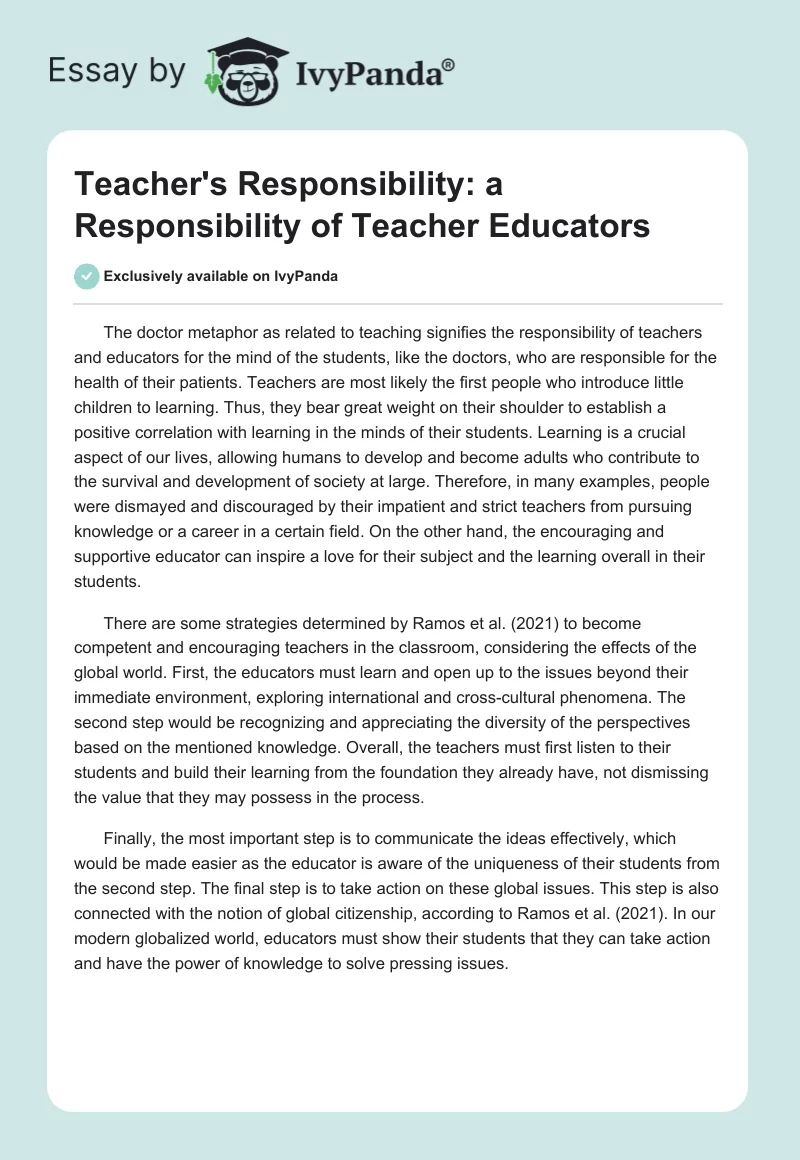 Teacher's Responsibility: A Responsibility of Teacher Educators. Page 1
