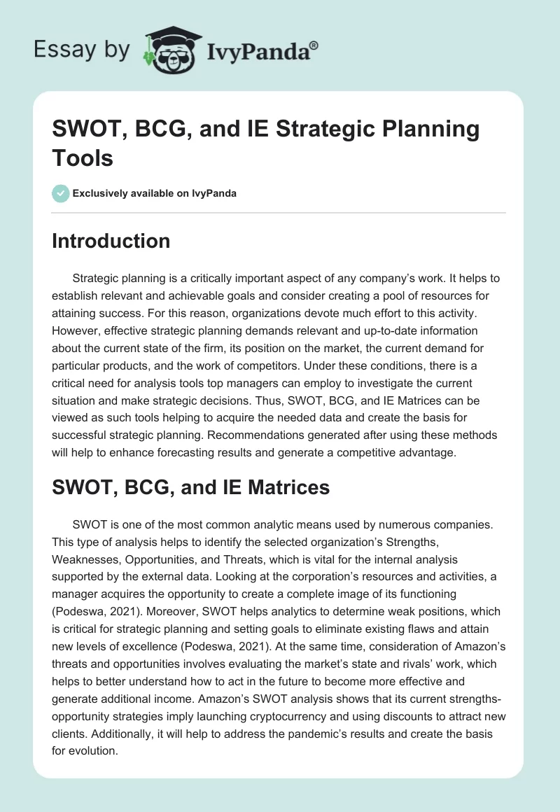SWOT, BCG, and IE Strategic Planning Tools. Page 1