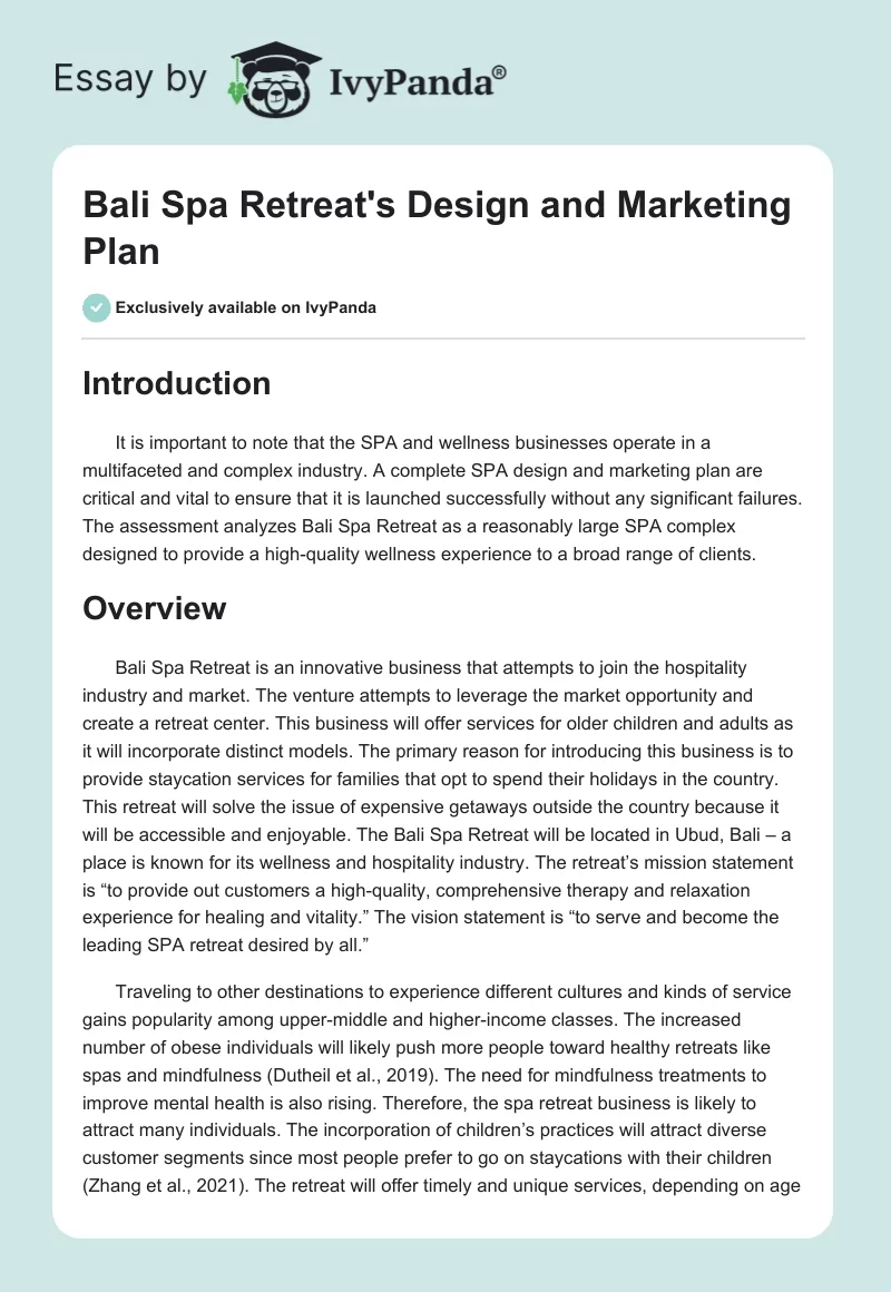 Bali Spa Retreat's Design and Marketing Plan. Page 1