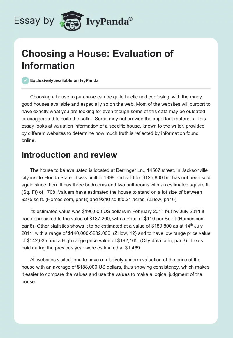 Choosing a House: Evaluation of Information. Page 1