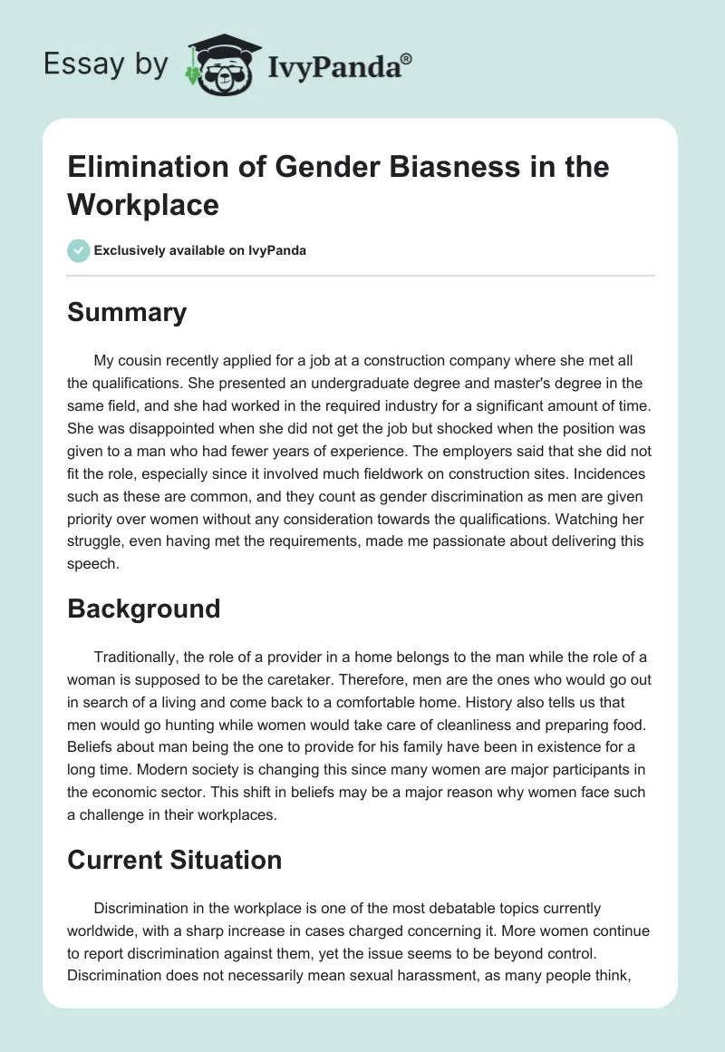 Elimination of Gender Biasness in the Workplace. Page 1