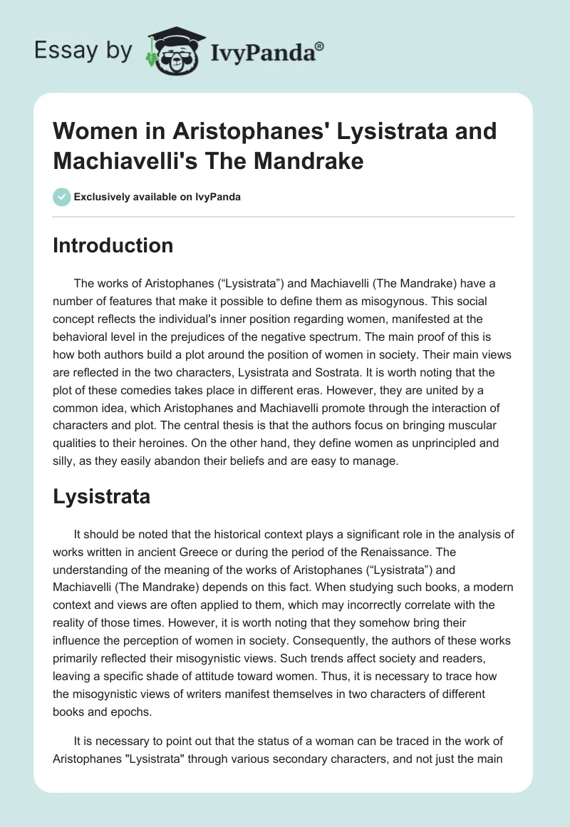 Women in Aristophanes' Lysistrata and Machiavelli's The Mandrake. Page 1