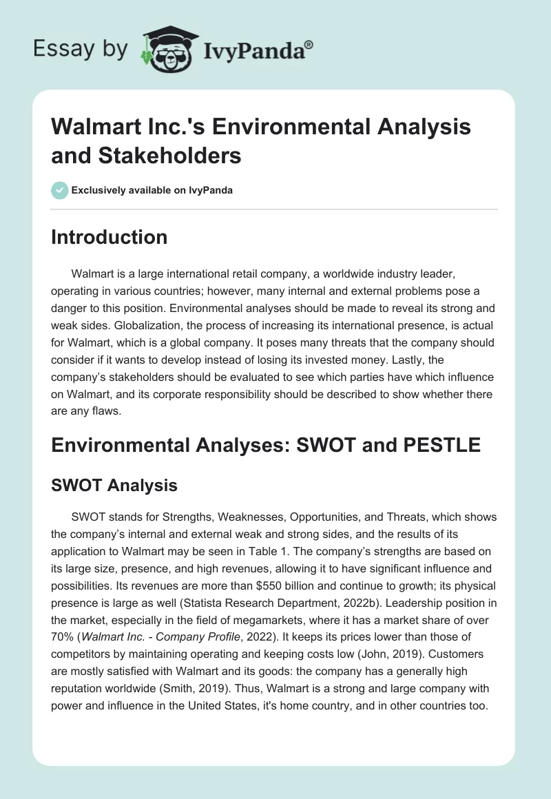 Walmart Inc.'s Environmental Analysis and Stakeholders. Page 1