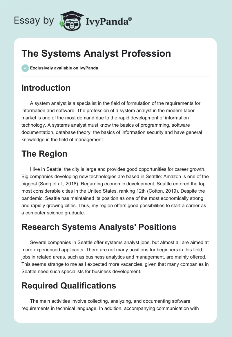 The Systems Analyst Profession. Page 1