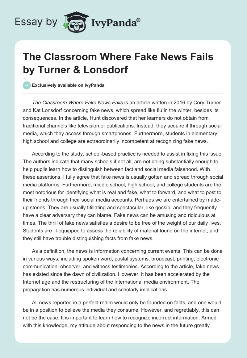 The Classroom Where Fake News Fails by Turner & Lonsdorf. Page 1