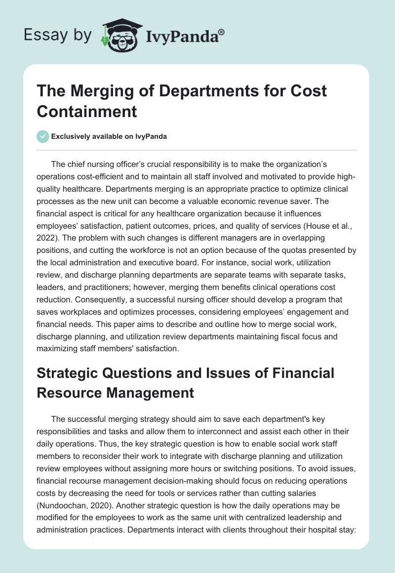 The Merging of Departments for Cost Containment. Page 1