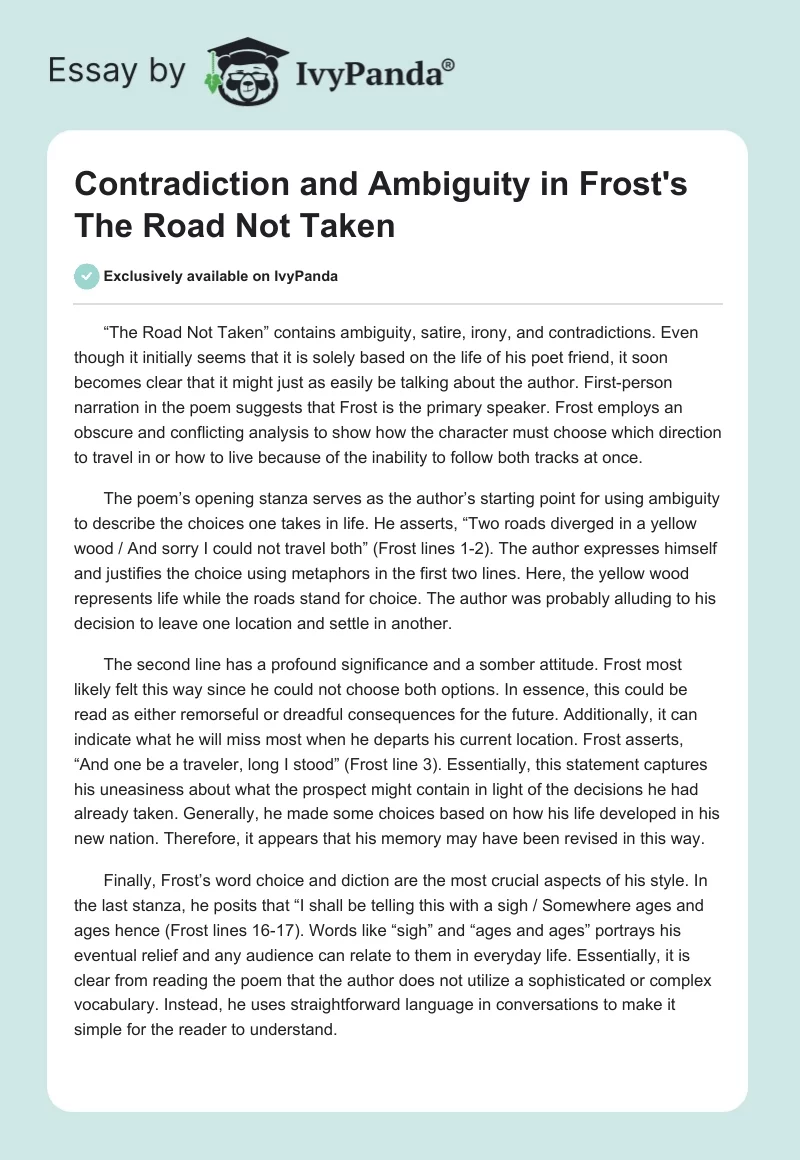 Contradiction and Ambiguity in Frost's "The Road Not Taken". Page 1