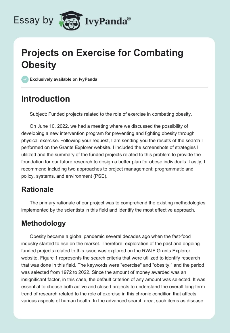 Projects on Exercise for Combating Obesity. Page 1