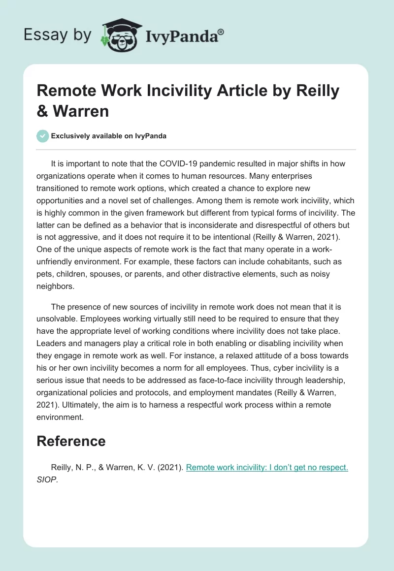 ”Remote Work Incivility” Article by Reilly & Warren. Page 1