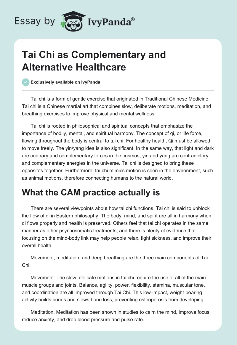 Tai Chi as Complementary and Alternative Healthcare. Page 1