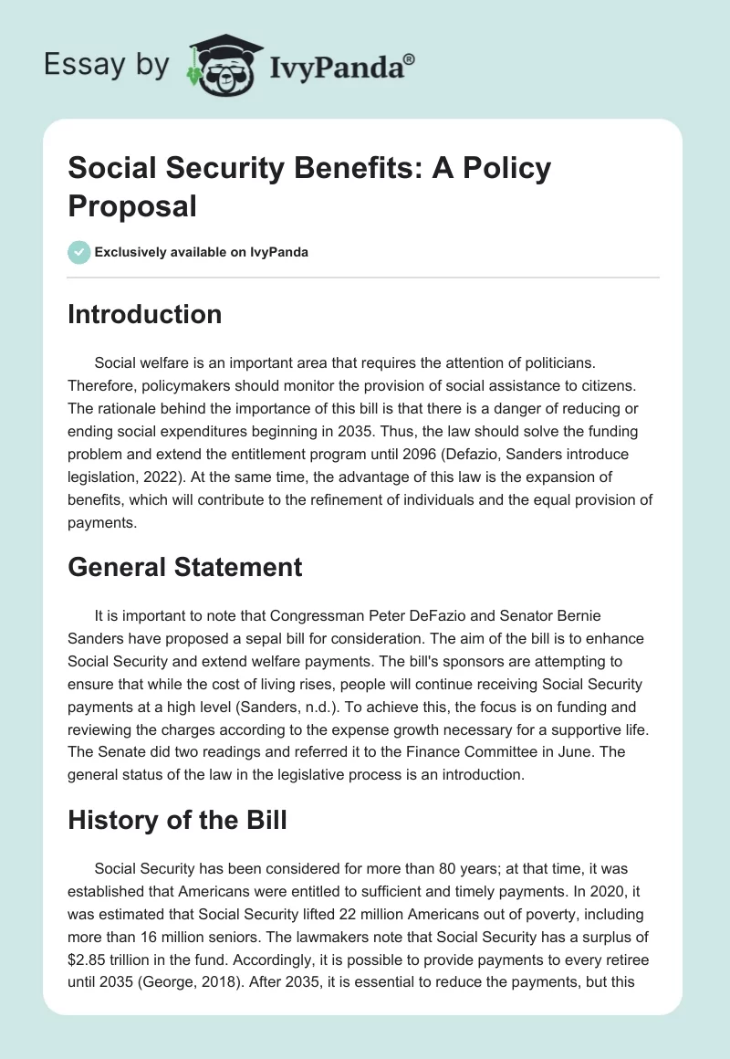 Social Security Benefits: A Policy Proposal. Page 1