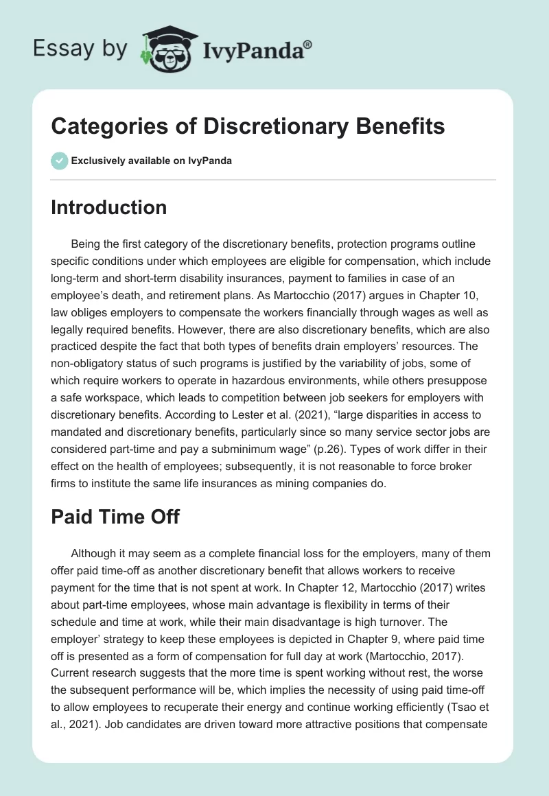 Categories of Discretionary Benefits. Page 1