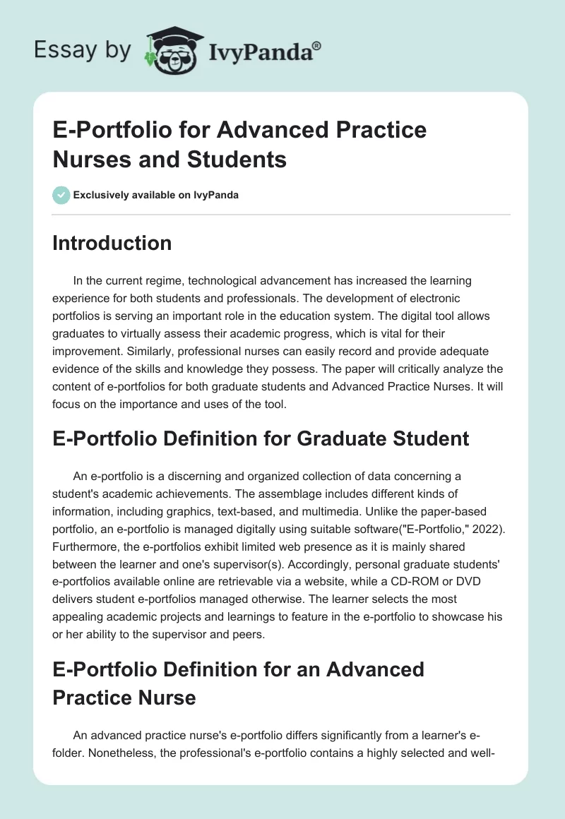 E-Portfolio for Advanced Practice Nurses and Students. Page 1