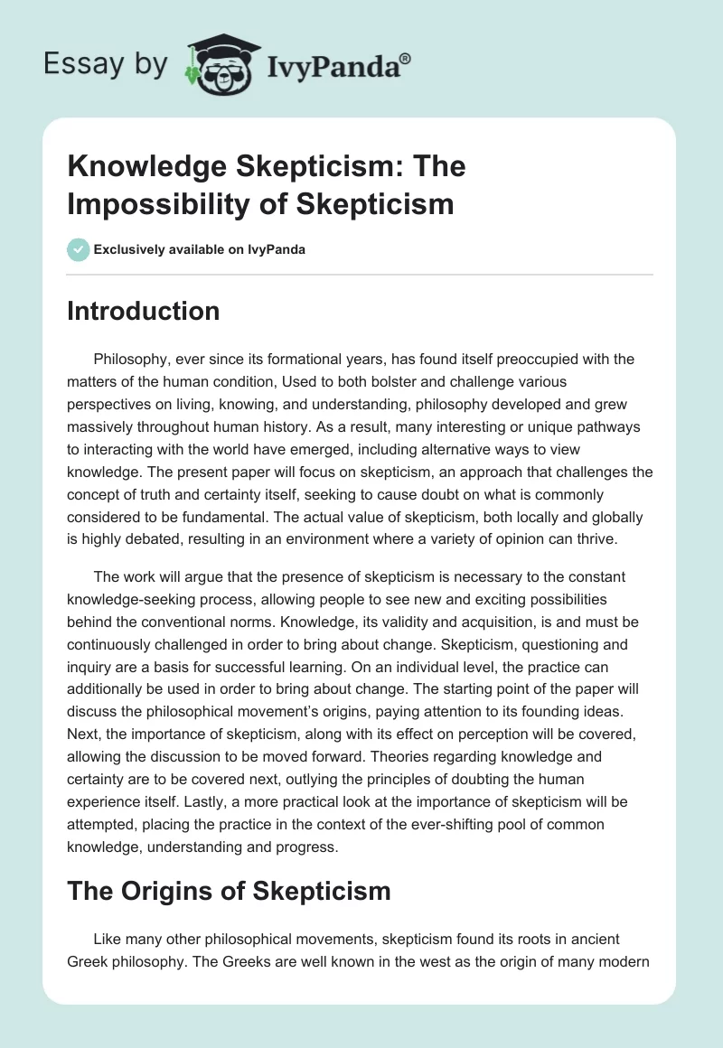 Knowledge Skepticism: The Impossibility of Skepticism. Page 1