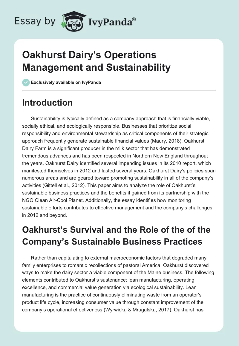 Oakhurst Dairy's Operations Management and Sustainability. Page 1