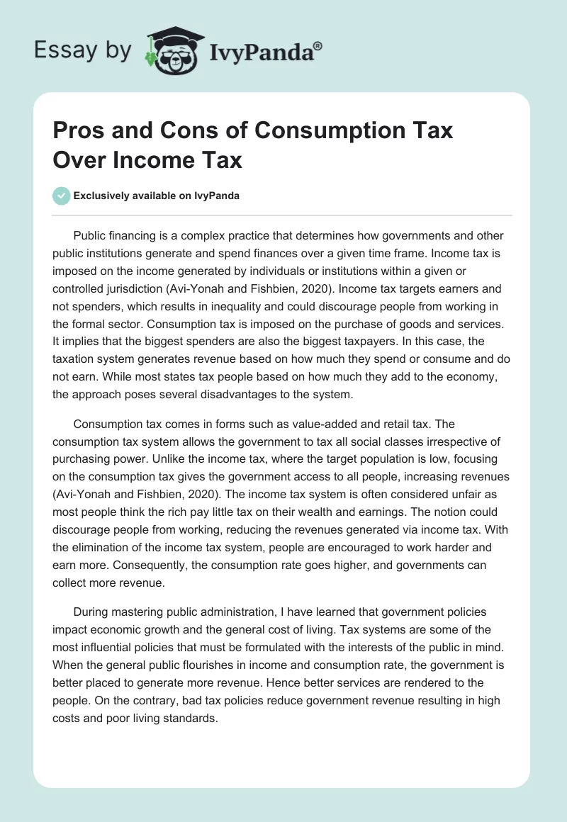 Pros and Cons of Consumption Tax Over Income Tax. Page 1