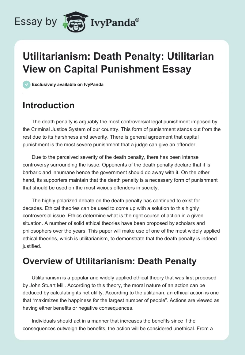 Death Penalty: Utilitarian View on Capital Punishment. Page 1