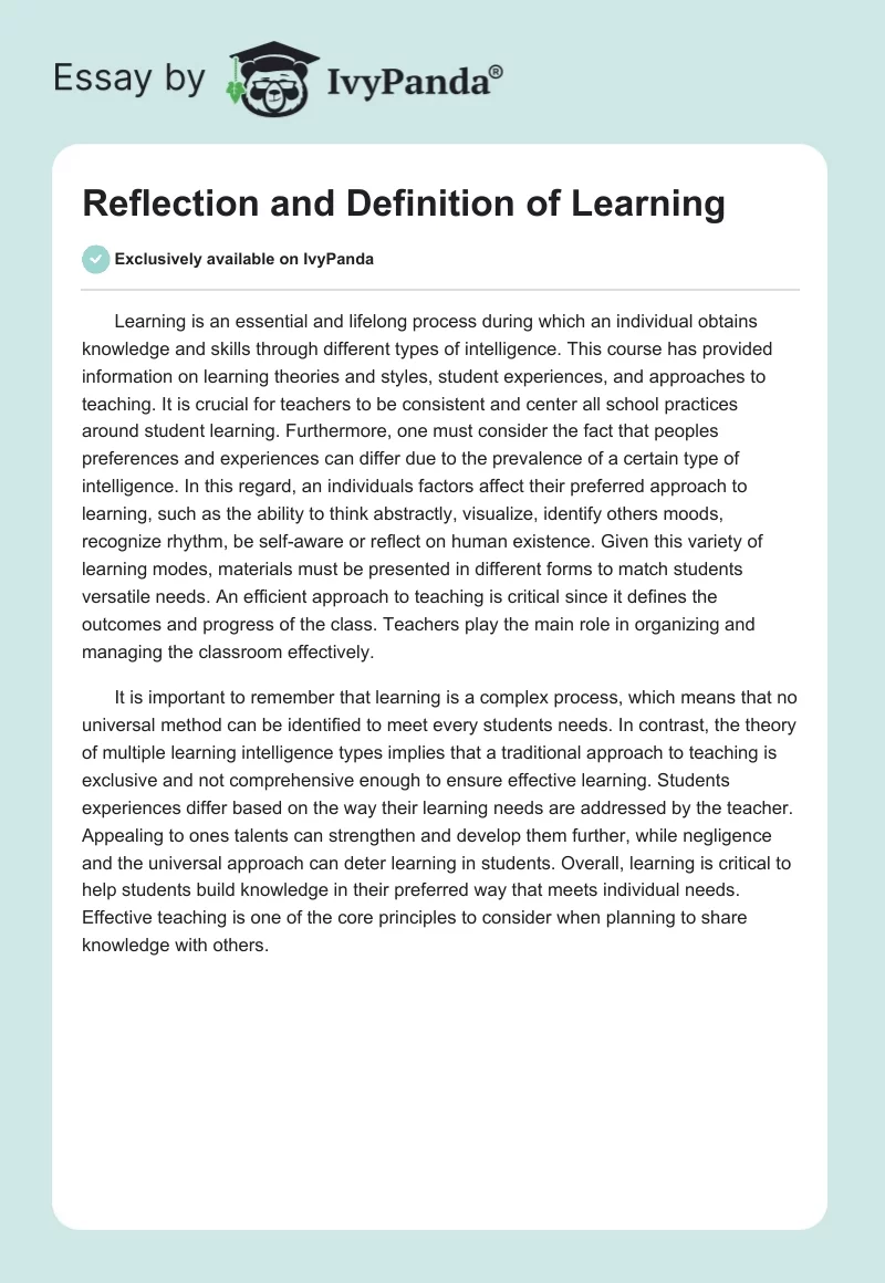 Reflection and Definition of Learning. Page 1