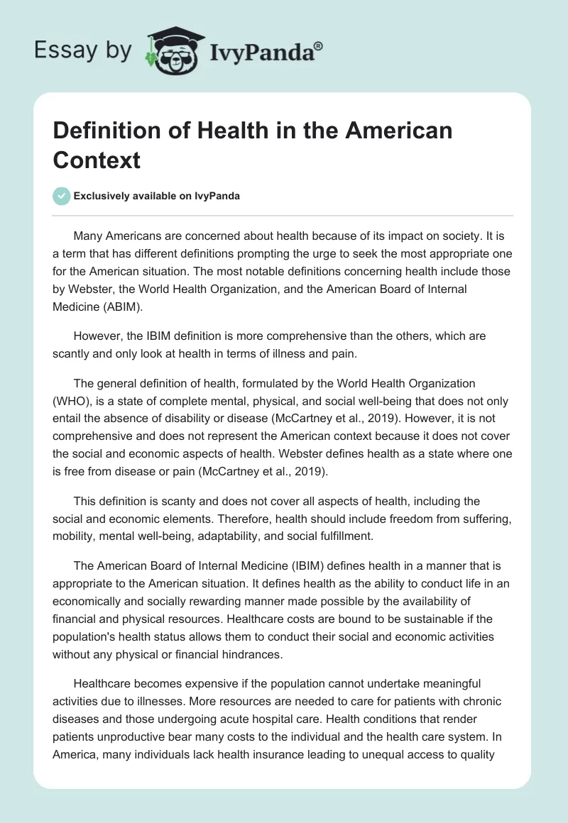 Definition of Health in the American Context. Page 1